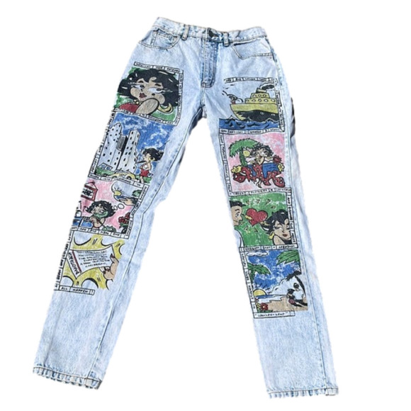 RARE Vintage 80's Dakota Blue Lou Lou Comic Strip Light Wash Denim Jeans size 7 - Picture 1 of 9
